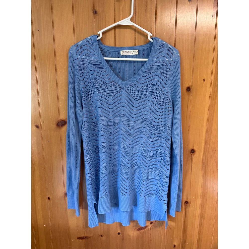Faded Glory Crochet Blue Paradise V-Neck Pointelle Chevron Knit Sweater XL 16-18